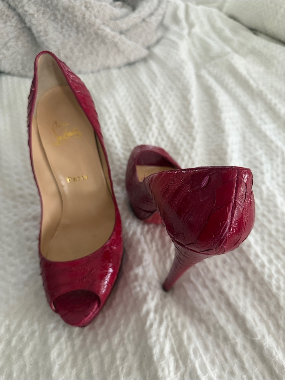 Christian Louboutin Python Burgundy Peep-Toe Stiletto Pumps